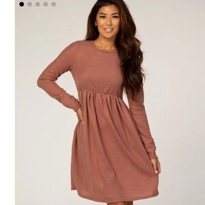 Pink Blush Rust Glitter Long Sleeve Soft Empire Waist Mini Dress Women Large
